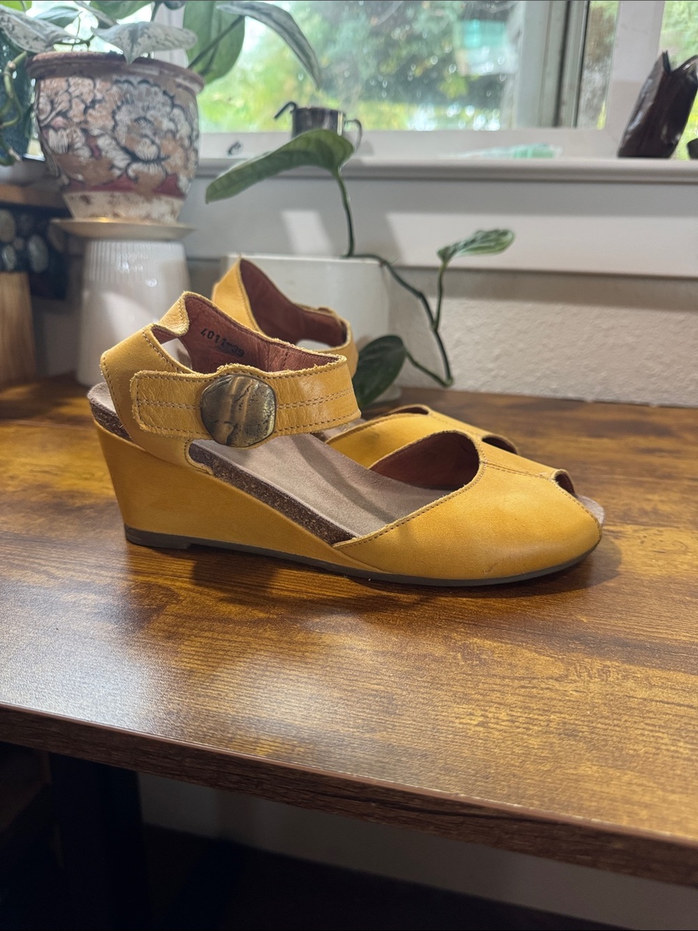 Taos Footwear Mustard Yellow Wedge Sandals with Ankle Strap